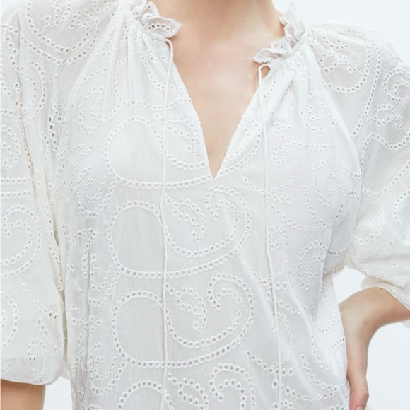 Alice + Olivia Sherrie Broderie Mini Dress White Size S 3/4 Sleeves V Neck - Picture 4 of 16